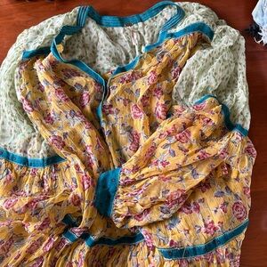 Free People Yellow Floral Boho Tiered Dress with Teal Trim